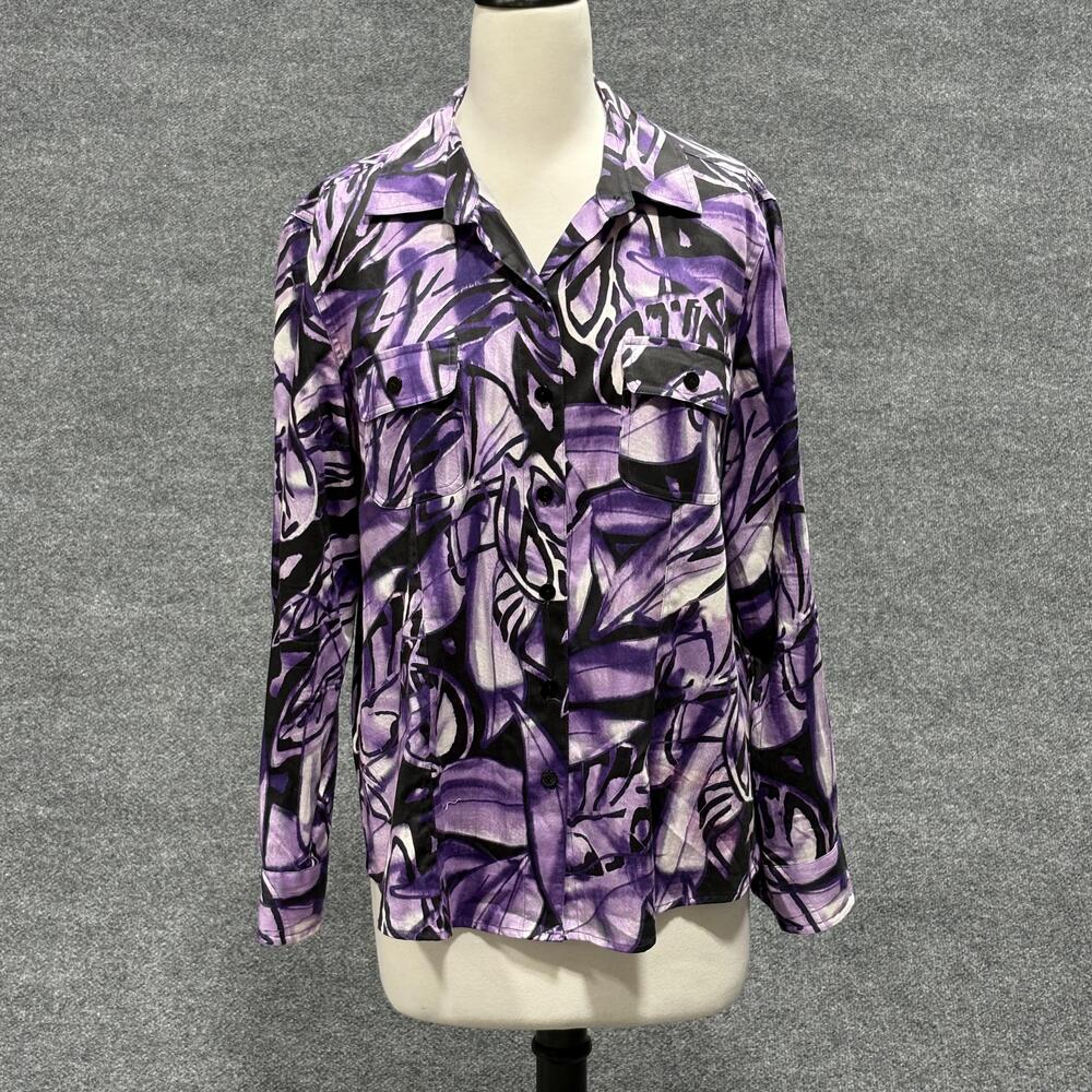 Additions By Chicos Shirt Womens 2 Purple Abstract Button Front Long Sleeve